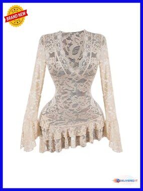 Lace Ruffle Layer Sheer Mini Dress Deep V Neck Long Sleeve
